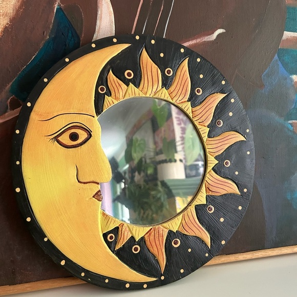 Vintage 90s Sun and Moon Wall Mirror - Black and Yellow 11.5" - Picture 5 of 10